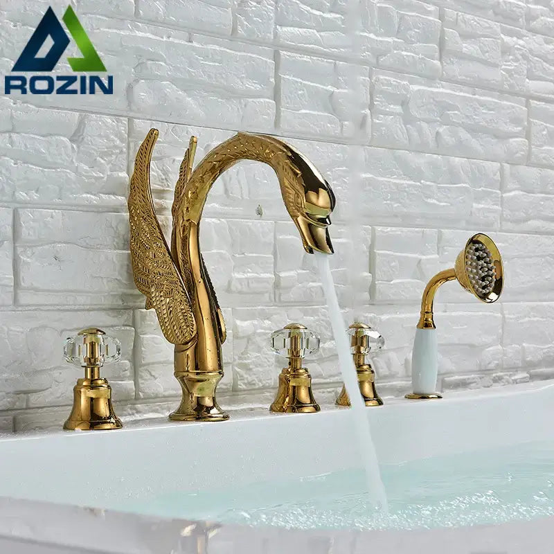 Gold crystal knob swan faucet with handshower bathroom tub mixer
