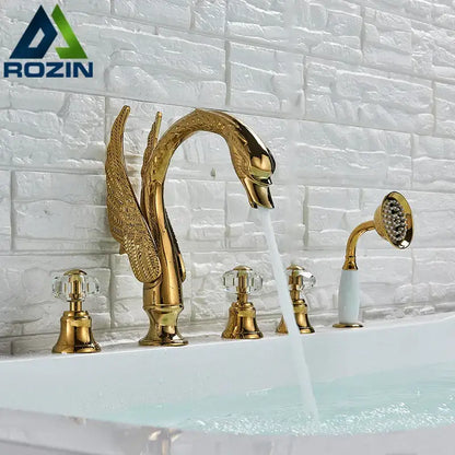 Gold crystal knob swan faucet with handshower bathroom tub mixer