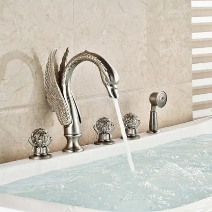 Gold crystal knob swan faucet with handshower bathroom tub mixer