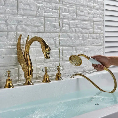 Gold crystal knob swan faucet with handshower bathroom tub mixer