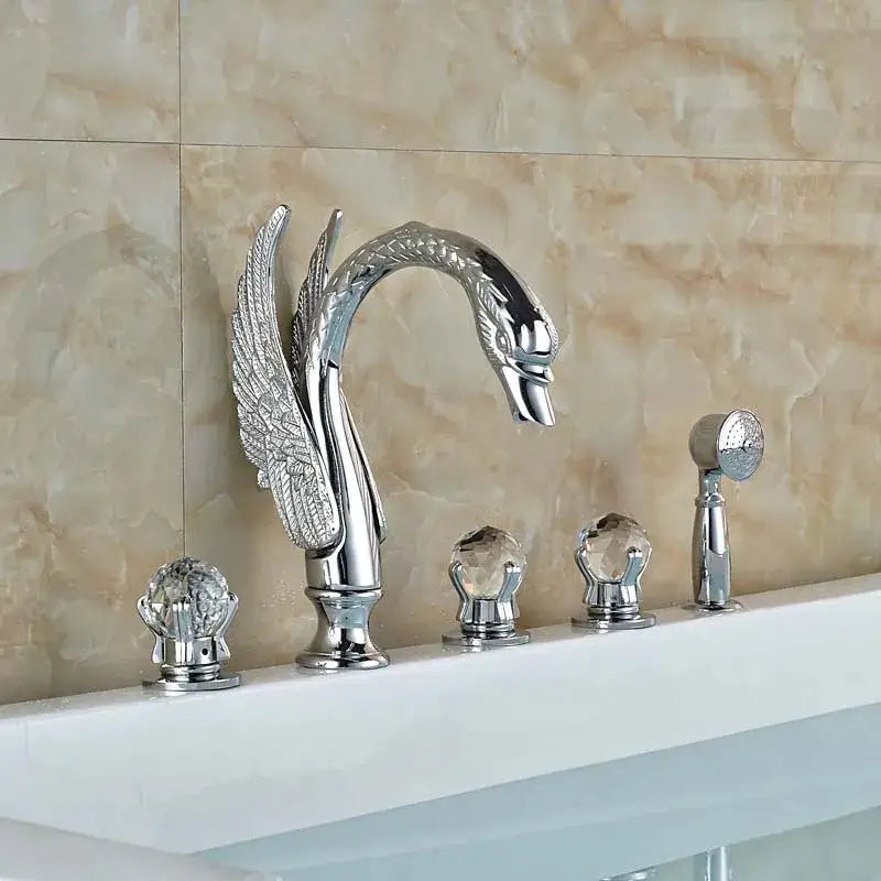 Gold crystal knob swan faucet with handshower bathroom tub mixer