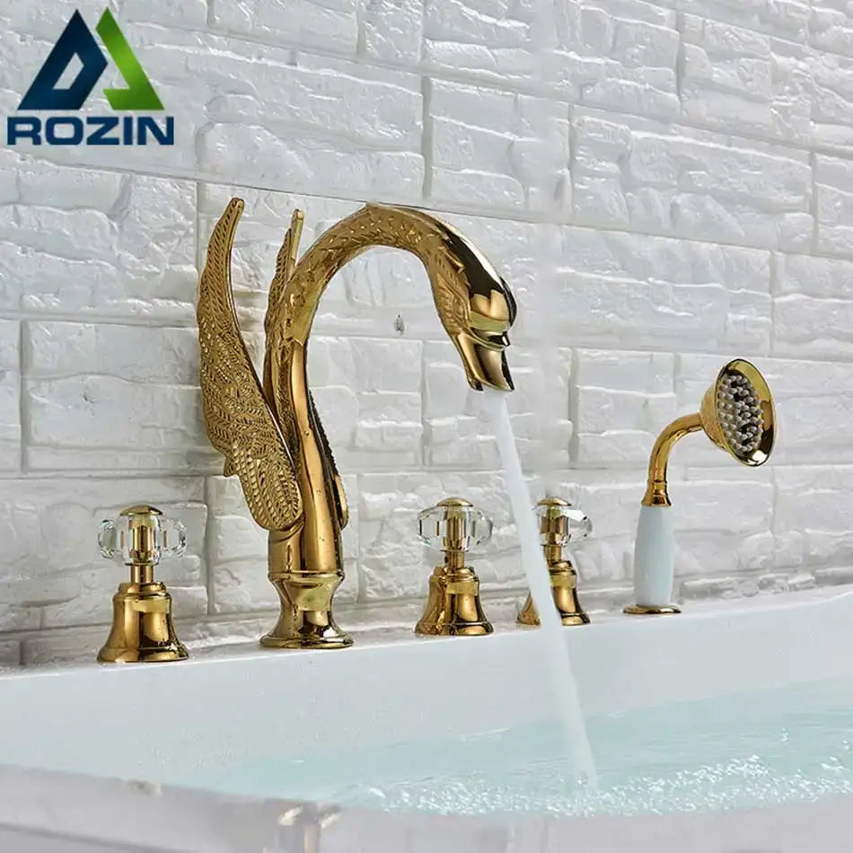 Gold crystal knob swan faucet with handshower bathroom tub mixer