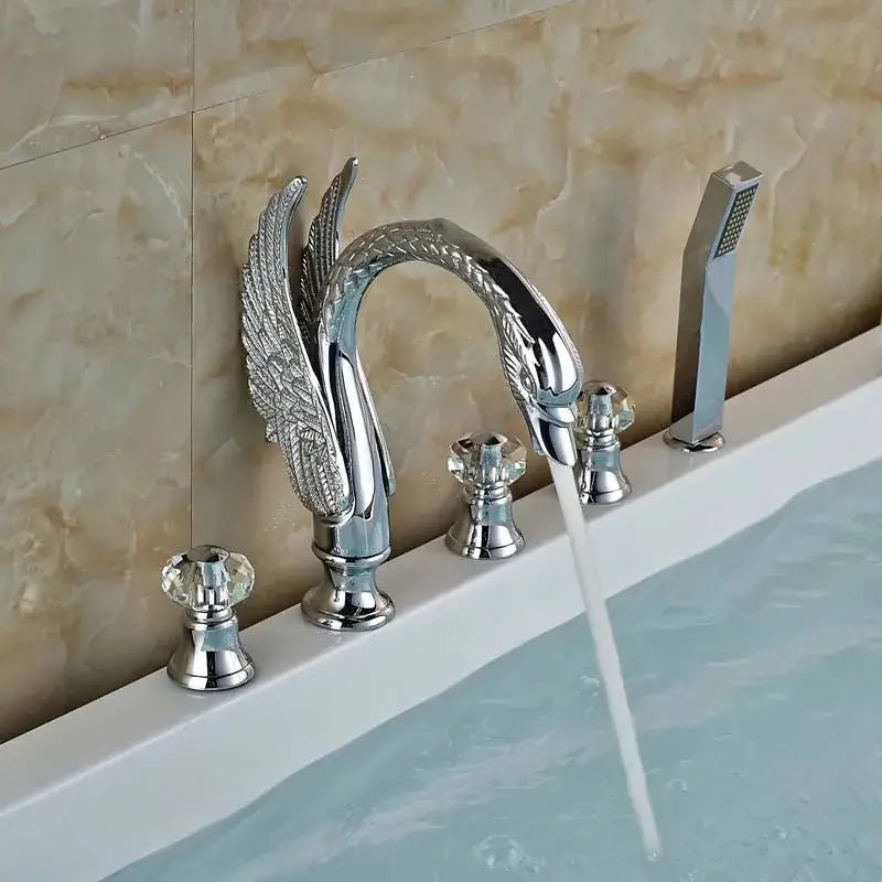 Gold crystal knob swan faucet with handshower bathroom tub mixer