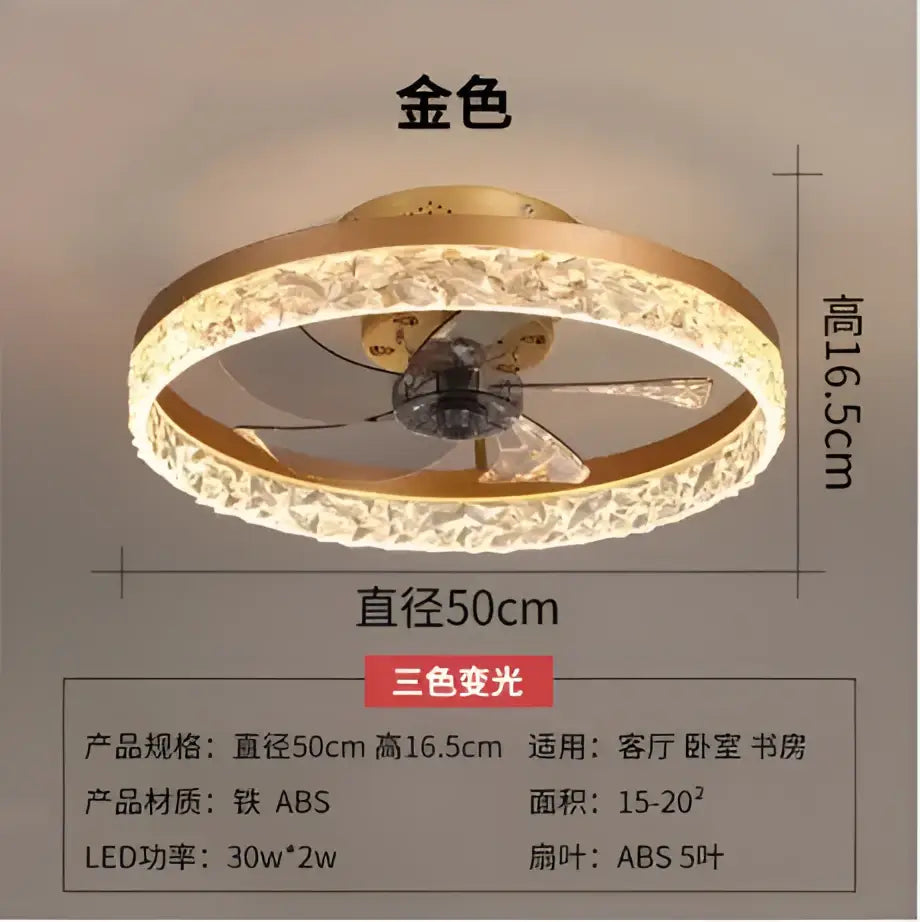 Gold crystal led ceiling fan bedroom light with remote control