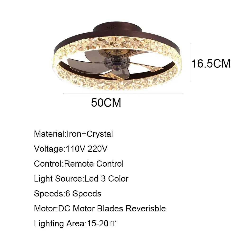 Gold crystal led ceiling fan bedroom light with remote control
