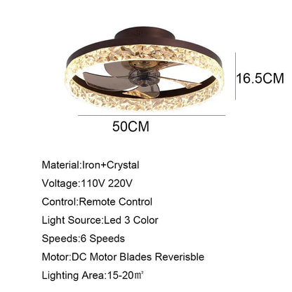 Gold crystal led ceiling fan bedroom light with remote control