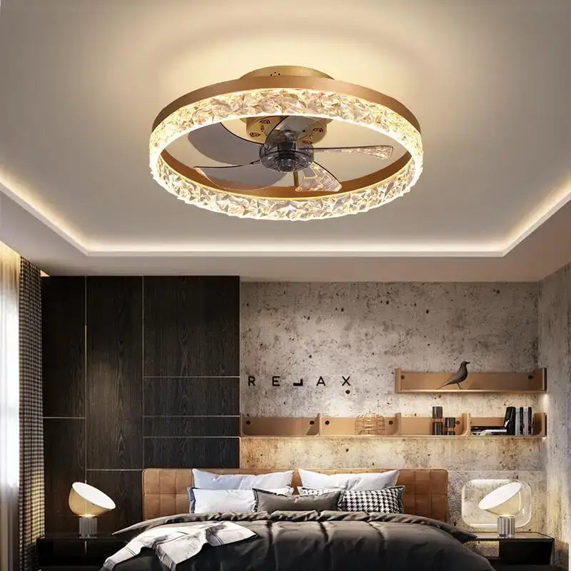 Gold crystal led ceiling fan bedroom light with remote control