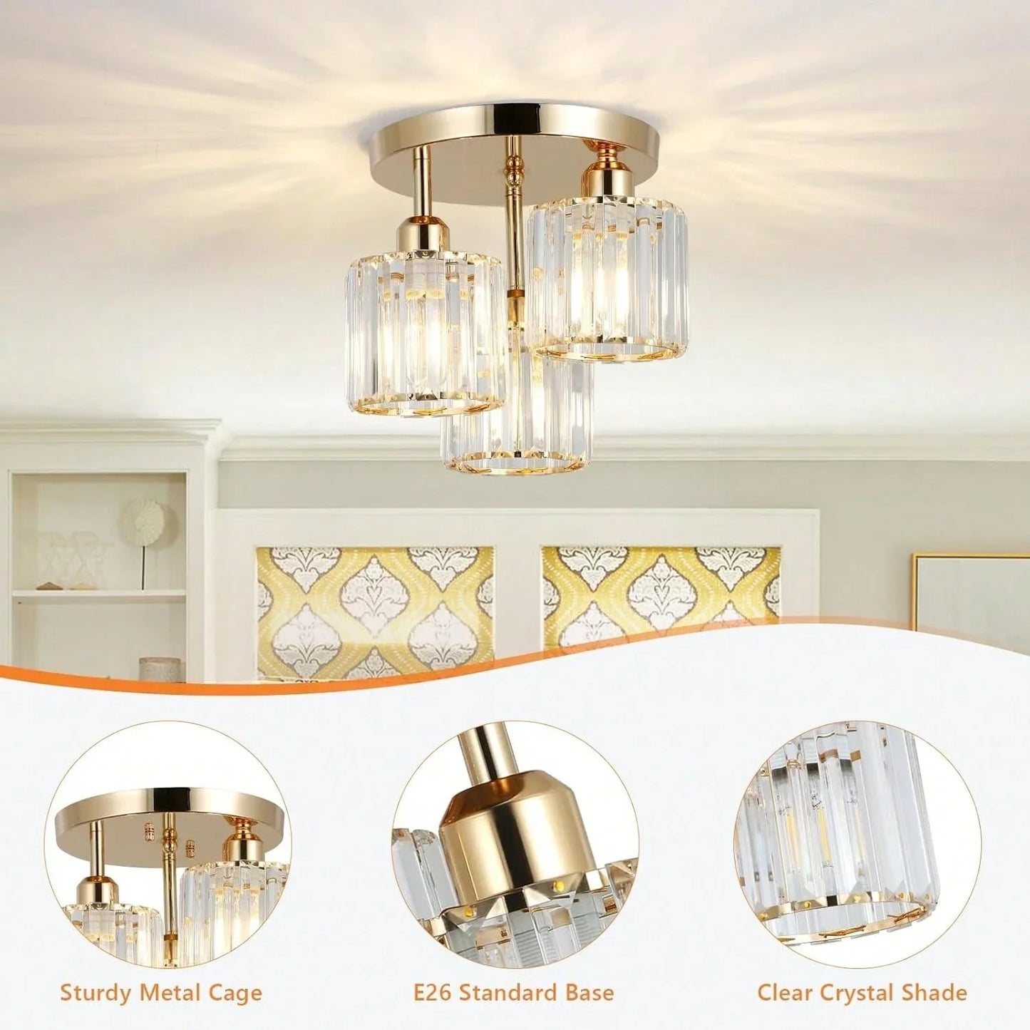 DecorBites™ Gold Crystal Semi-Flush Mount Ceiling Light