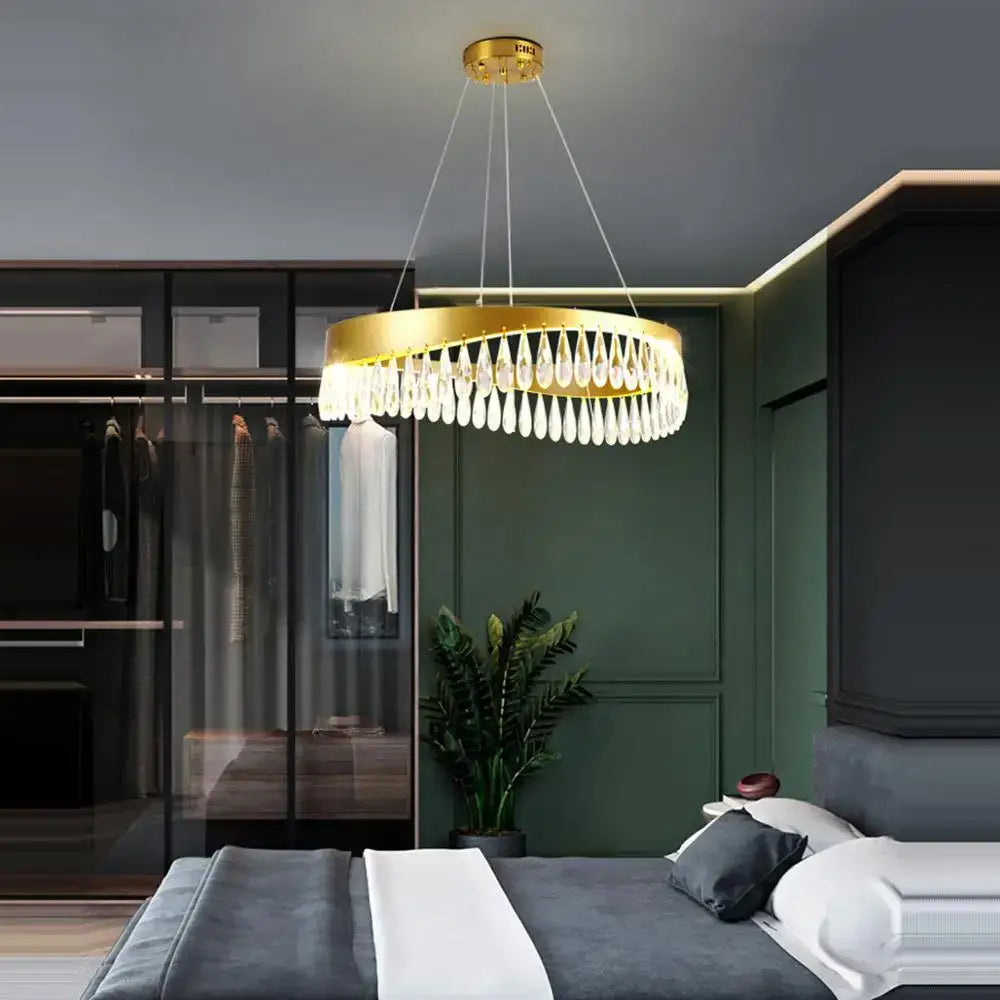 Gold crystal stainless steel chandelier foyer teardrop light