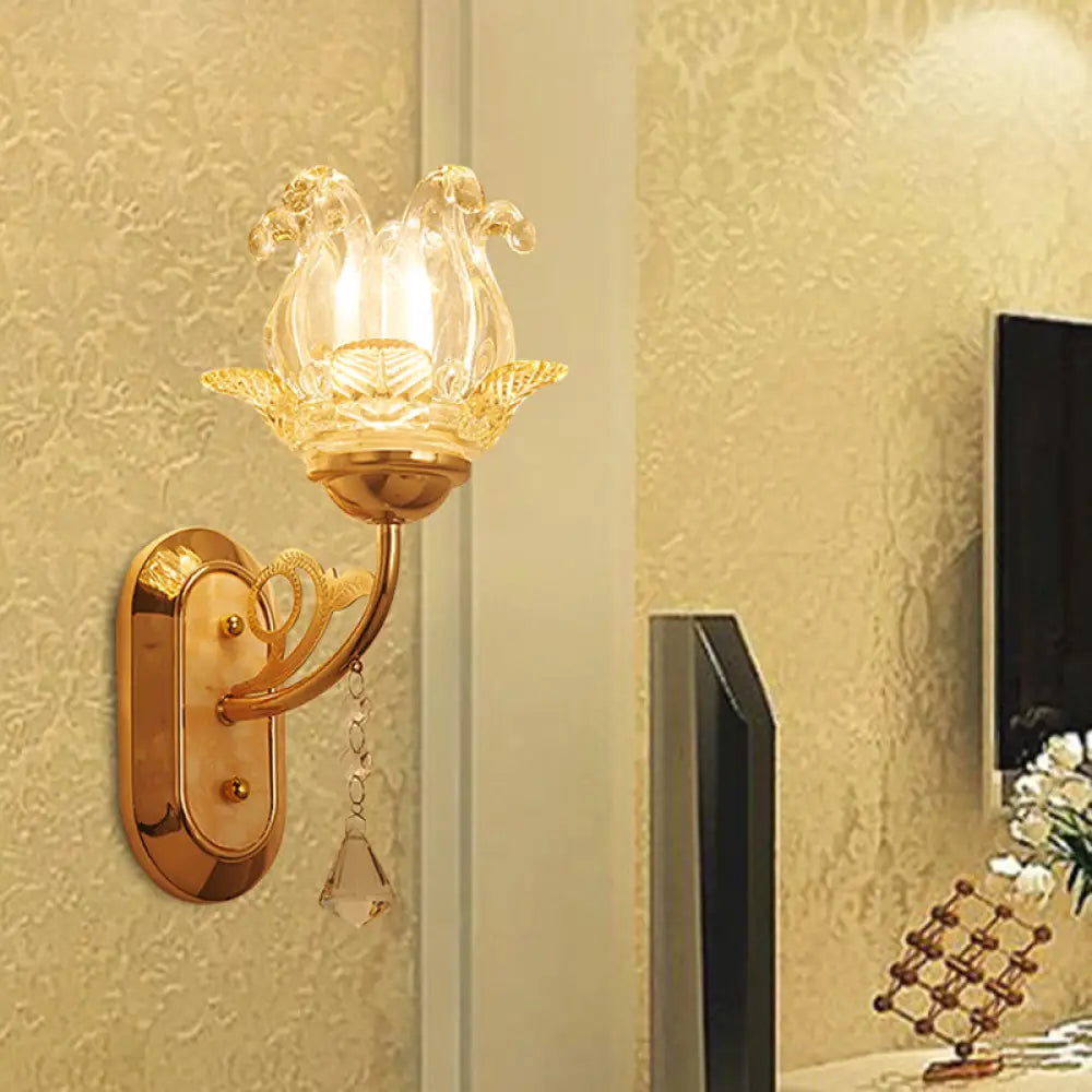 DecorBites™ Gold Crystal Wall Lamp with Curved Arm - Simplicity Blossom 1/2-Light Wall Fixture