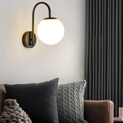 Gold curved arm glass ball led wall sconce bedroom light