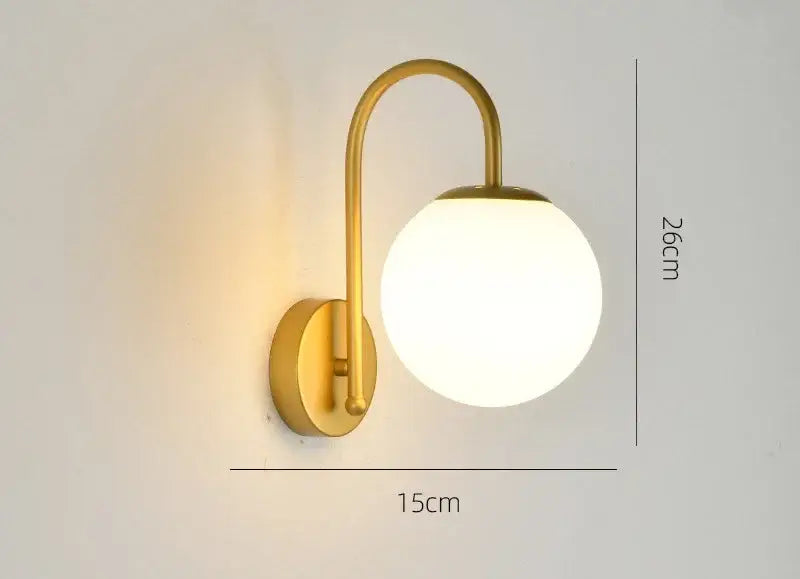 Gold curved arm glass ball led wall sconce bedroom light
