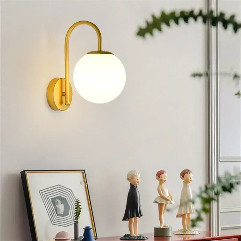 Gold curved arm glass ball led wall sconce bedroom light