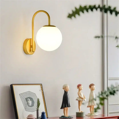 Gold curved arm glass ball led wall sconce bedroom light