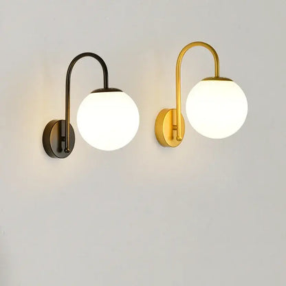 Gold curved arm glass ball led wall sconce bedroom light