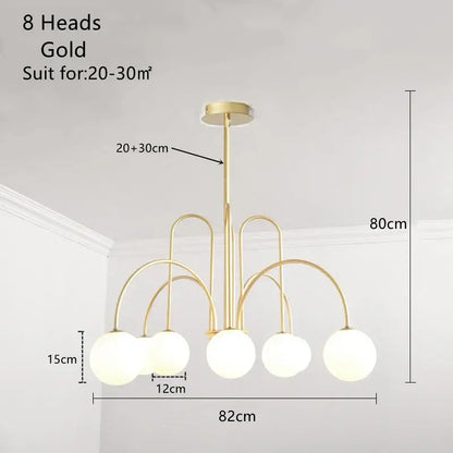 Gold curved arm glass ball pendant chandelier for dining room
