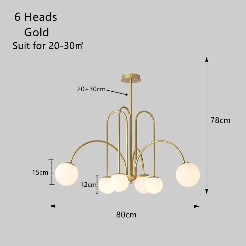 Gold curved arm glass ball pendant chandelier for dining room