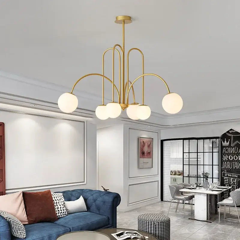 Gold curved arm glass ball pendant chandelier for dining room