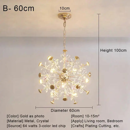 Gold dandelion crystal led pendant chandelier for living room