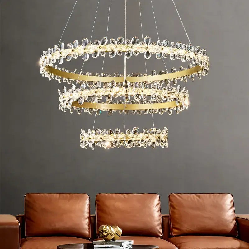 Gold double ring crystal led chandelier living room light