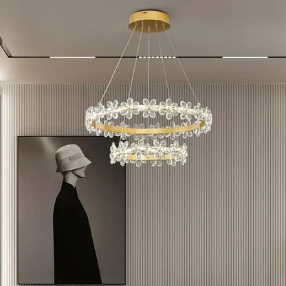 Gold double ring crystal led chandelier living room light