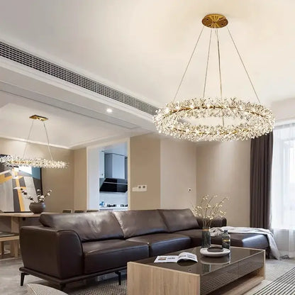 Gold double tiered crystal flower chandelier dining room light
