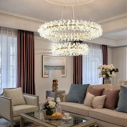 Gold double tiered crystal flower chandelier dining room light