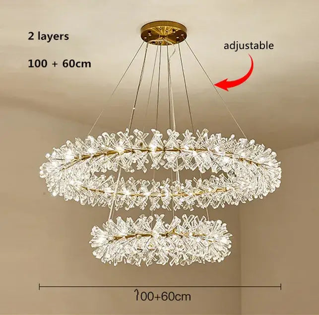 Gold double tiered crystal flower chandelier dining room light