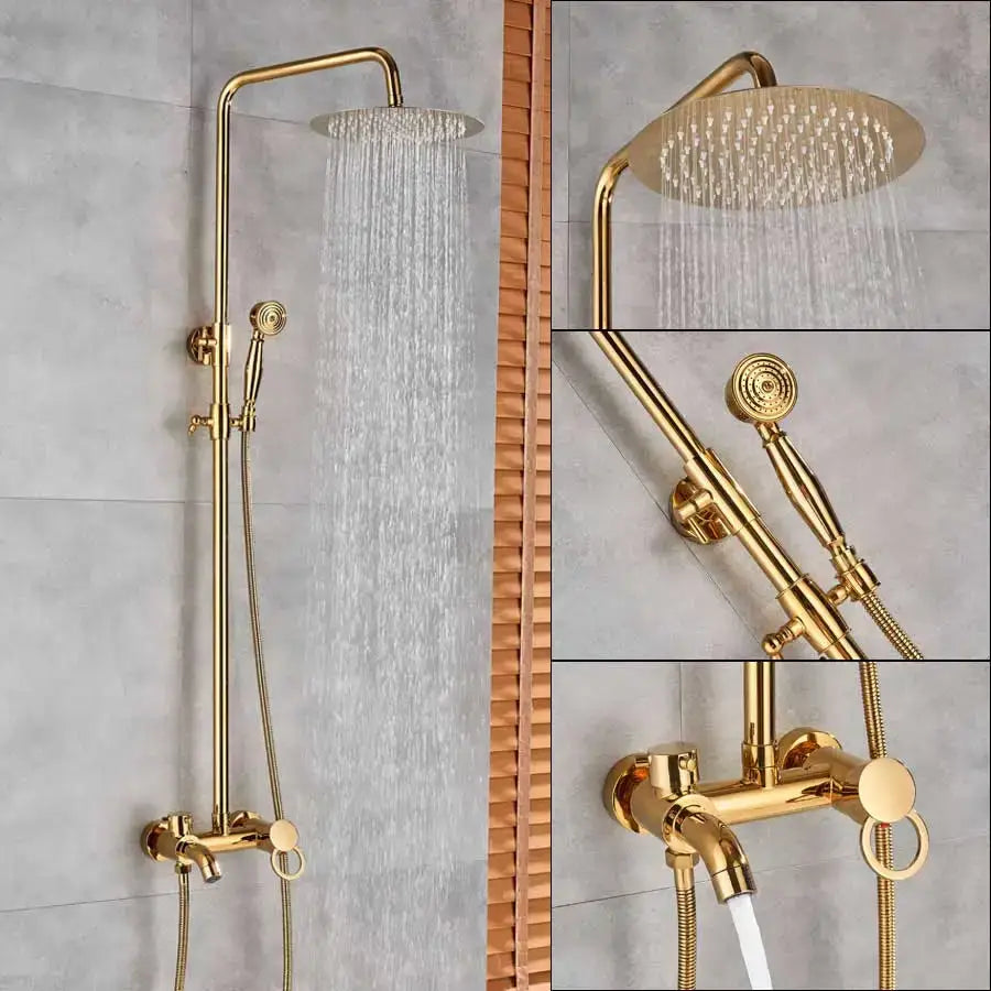 Gold dual handle rainfall shower system with ceramic handles bathroom