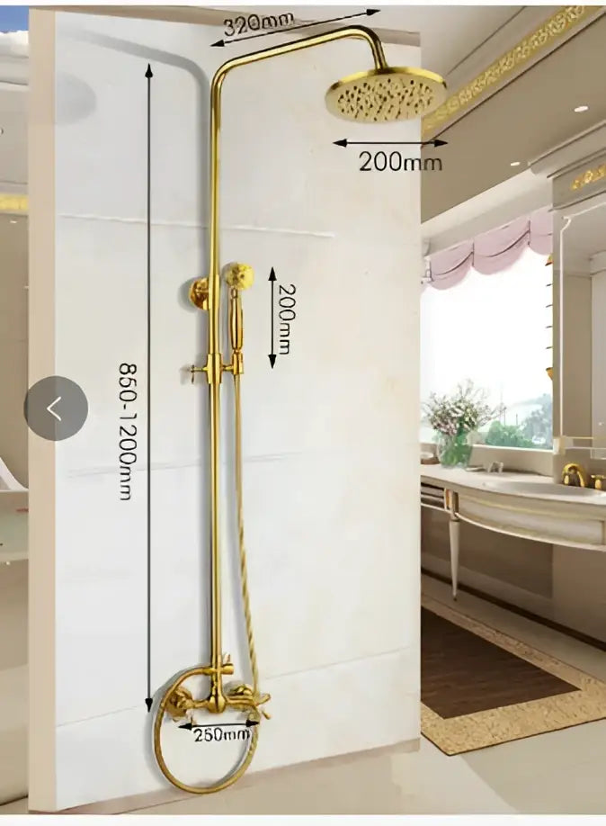 Gold dual handle rainfall shower system with ceramic handles bathroom
