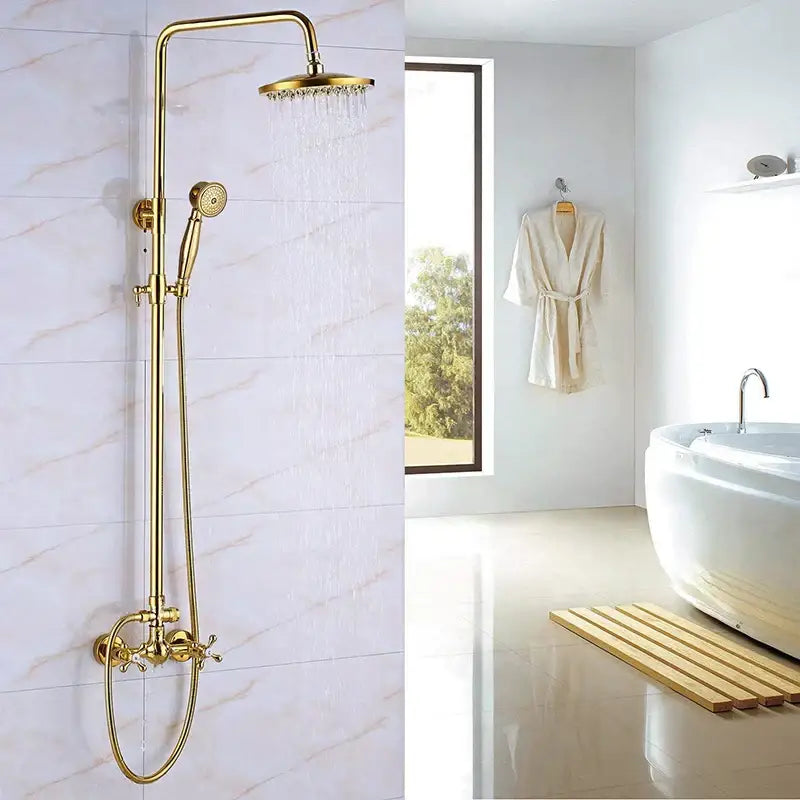 Gold dual handle rainfall shower system with ceramic handles bathroom