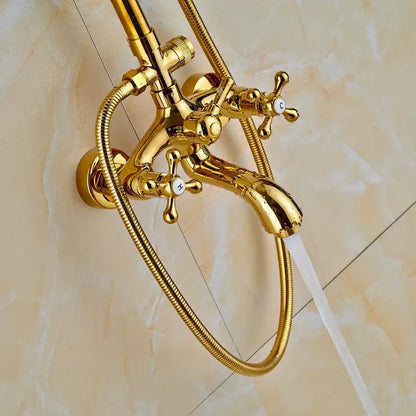Gold dual handle rainfall shower system with ceramic handles bathroom