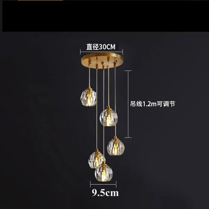 Gold five globe diamond crystal copper led pendant dining room light