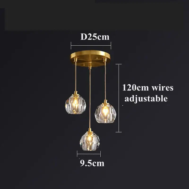 Gold five globe diamond crystal copper led pendant dining room light
