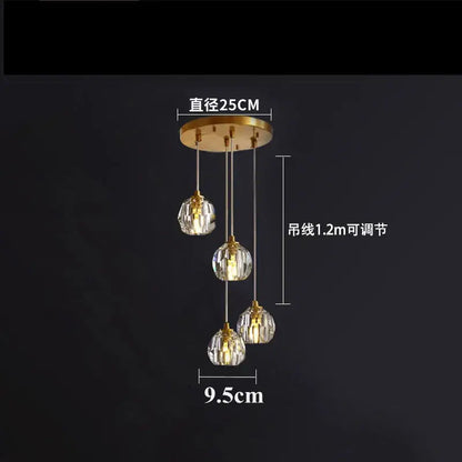 Gold five globe diamond crystal copper led pendant dining room light