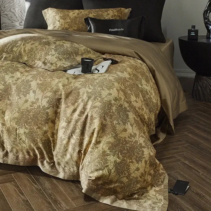 Gold floral satin cotton bedding set bedroom duvet cover and pillows