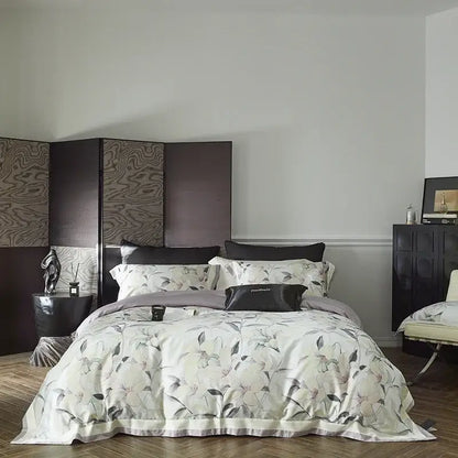 Gold floral satin cotton bedding set bedroom duvet cover and pillows