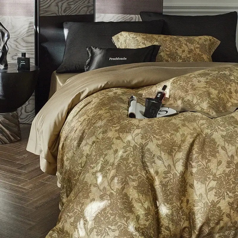 Gold floral satin cotton bedding set bedroom duvet cover and pillows