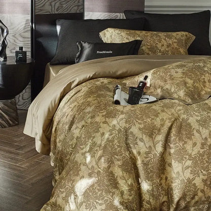 Gold floral satin cotton bedding set bedroom duvet cover and pillows