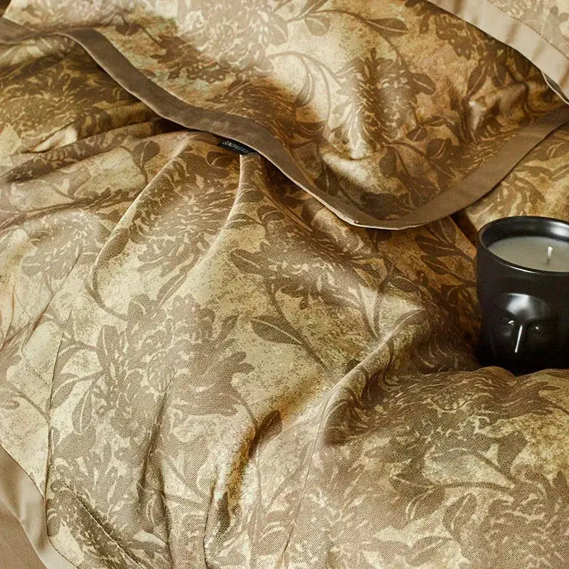 Gold floral satin cotton bedding set bedroom duvet cover and pillows