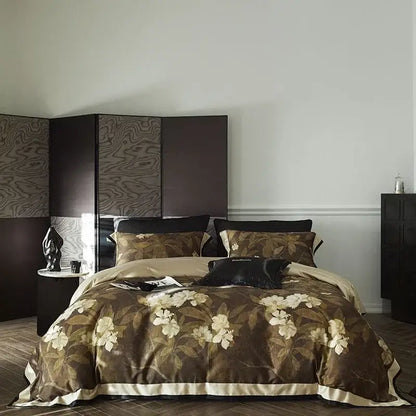 Gold floral satin cotton bedding set bedroom duvet cover and pillows