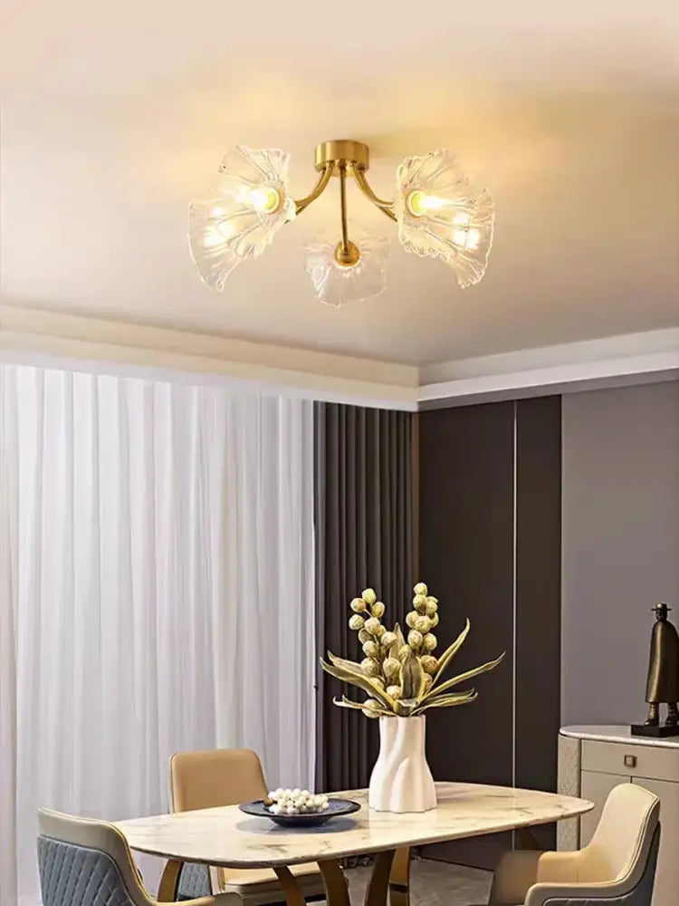 Gold flower chandelier ceiling light for bedroom with glass petals