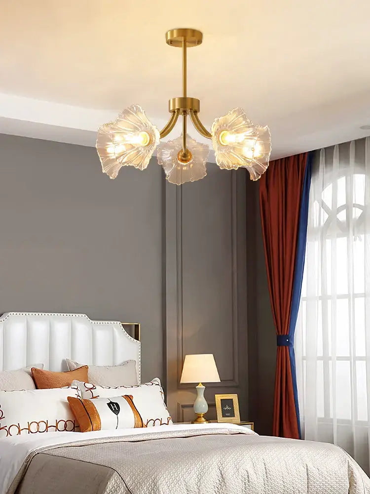 Gold flower chandelier ceiling light for bedroom with glass petals
