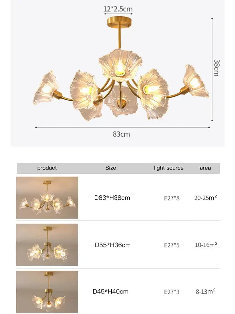 Gold flower chandelier ceiling light for bedroom with glass petals