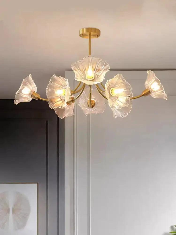 Gold flower chandelier ceiling light for bedroom with glass petals