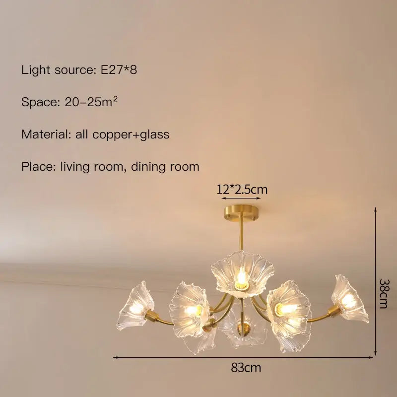 Gold flower chandelier ceiling light for bedroom with glass petals