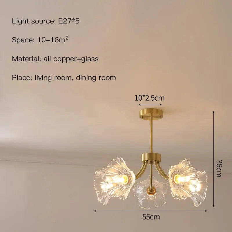 Gold flower chandelier ceiling light for bedroom with glass petals