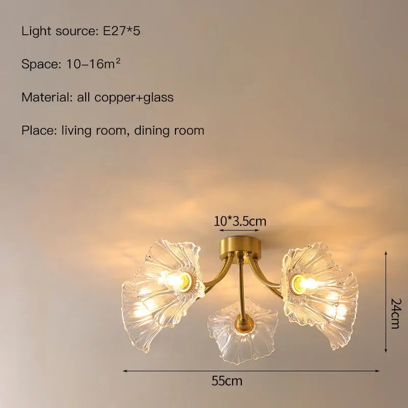 Gold flower chandelier ceiling light for bedroom with glass petals