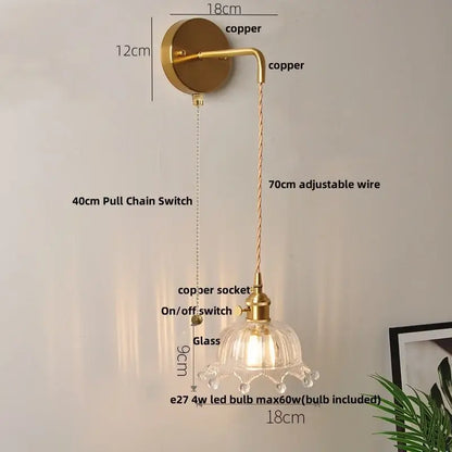 Gold fluted clear glass led wall lights bedroom sconce with crystals