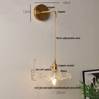 Gold fluted clear glass led wall lights bedroom sconce with crystals